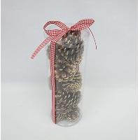 25 X 9CM 16PCS NATURAL CONE W/WHITE EDGE AND RED/WHITE RIBBON IN PVC TUBE